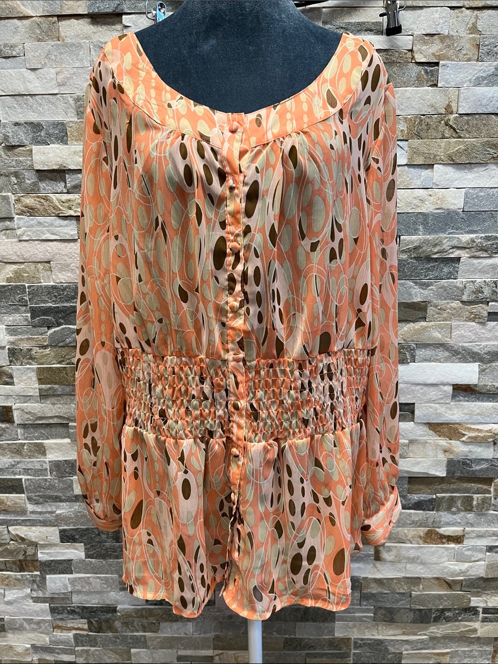 Ashley Stewart Peach Abstract-Print Smocked-Waist Blouse
